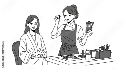Professional makeup artist applying cosmetics to a seated client in a salon setting