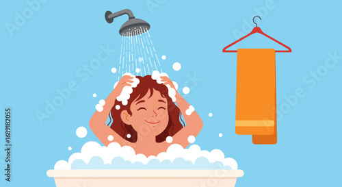 Happy person enjoys a refreshing shower with soap bubbles and a towel nearby
