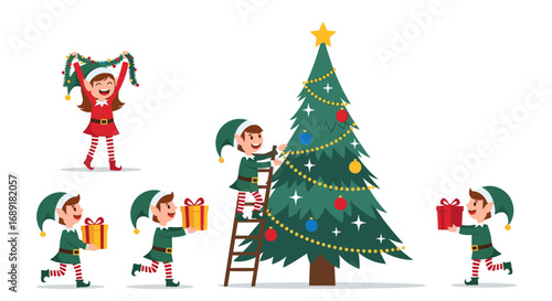 Festive christmas elves decorating a tall pine tree with ornaments and garland and present boxes