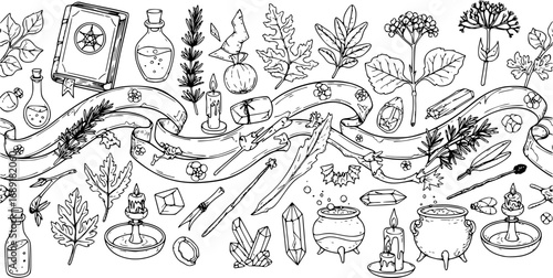 Set of Witchcraft Hand-Drawn Vector Illustrations with Bohemian Seamless Ribbon, Halloween Background, Witch Herbs, Poisonous Plants and Magic Ingredients Sketches