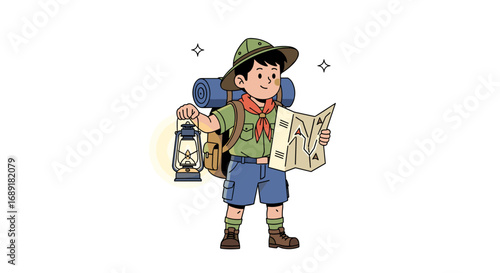 Young explorer holding a lamp and map ready for adventure and discovery