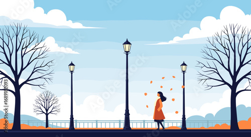 A serene autumn stroll through a park with fallen leaves and lampposts creating a peaceful atmosphere under a bright sky
