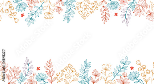 Delicate floral botanical illustration border with artistic hand drawn elements in pastel colors