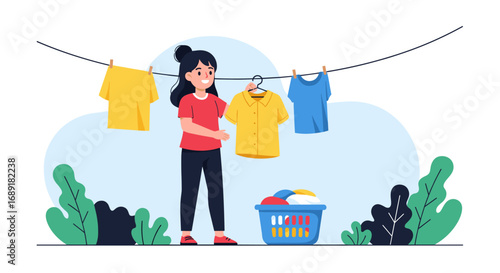 Young woman hangs laundry on a clothesline after doing laundry outdoors on a sunny day with plants