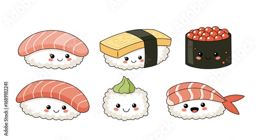Adorable kawaii sushi collection featuring salmon nigiri tamagoyaki ikura gunkan maki and ebi nigiri