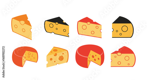 Collection of delicious cheese slices and wheels with holes in various shapes and sizes