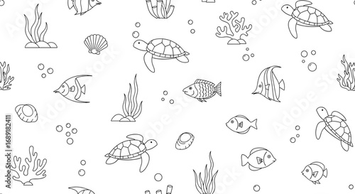 Charming ocean life cartoon pattern featuring sea turtles fish and coral reefs with bubbles