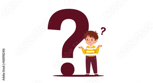 Curious child standing next to a giant question mark pondering life's mysteries and seeking answers