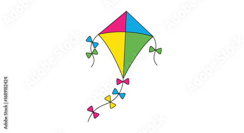 Colorful kite flying high in the sky with a tail of bows and ribbons on a white background