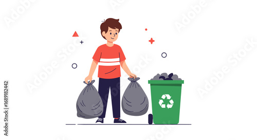Man holding two trash bags next to a green recycling bin collecting waste and garbage