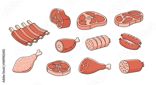 A collection of fresh meat cuts including ribs steaks sausages and legs of lamb