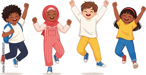 Happy diverse children jumping, multicultural kids excited, joyful boys and girls, school celebration, kids laughing, energetic childhood fun, teamwork, friendship