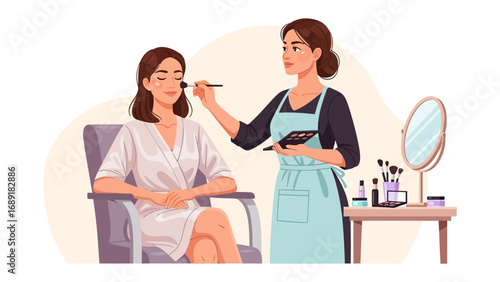 Professional makeup artist applying cosmetics to a woman in a salon setting with tools and mirror