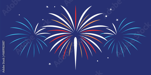 Vibrant fireworks display exploding in the night sky against a deep blue background