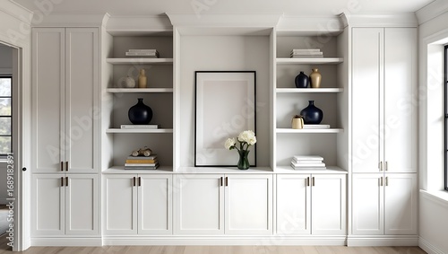 Modern built in white shelving and cabinetry with decorative accents