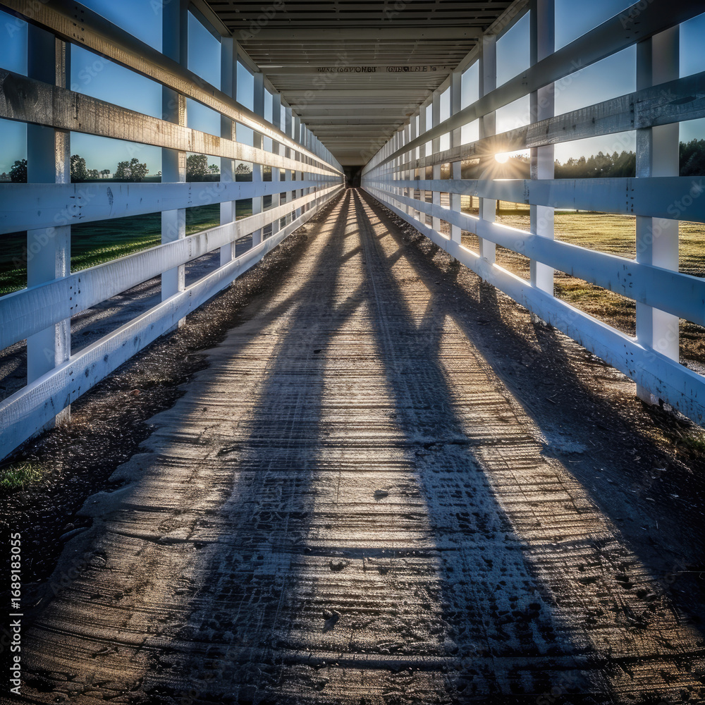 Fototapeta premium Sun-drenched white wooden bridge, long shadows