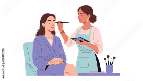 Professional makeup artist applying cosmetic products to a client s face with brushes and a palette