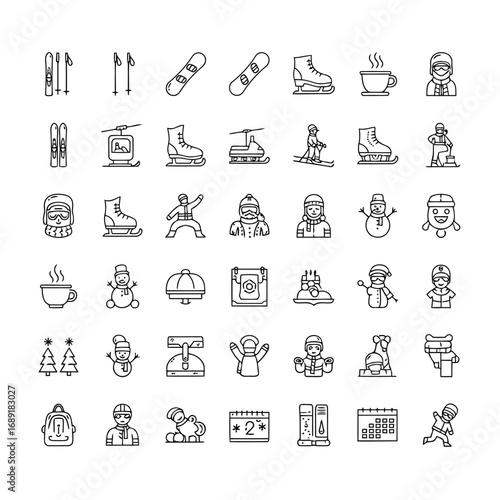 A collection of black and white line art icons depicting various winter sports, activities, and seasonal items.