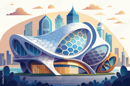 Futuristic architectural illustration with fluid design and vibrant cityscape—showcasing innovation, creativity, and the fusion of technology and modern urban aesthetics.