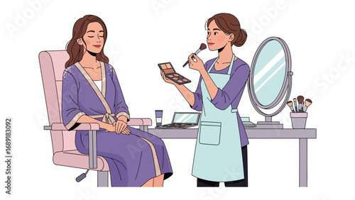 Professional makeup artist applying cosmetics to a client seated in a salon chair with a vanity mirror