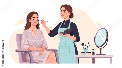 Professional makeup artist applying cosmetics to a client in a salon setting with beauty tools