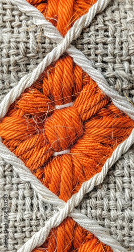 Close-up of a textured fabric with orange and white stitching