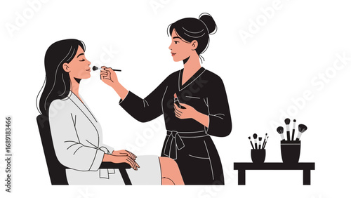Professional makeup artist applying cosmetics to a client s face with brushes and tools in a studio setting