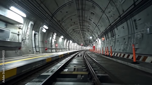 Modern Underground Train Tunnel Curved Tracks and Illuminated Walls Create Depth in Urban Transportation Infrastructure, Evoking Anticipation and Motion in Industrial Atmosphere