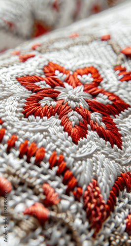Close-up of intricate embroidered textile.  Ornate floral design in burnt orange thread on a textured off-white fabric.  Detailed stitching