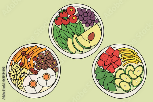 Illustration of three bowls filled with various healthy foods such as fruits and vegetables displayed nicely