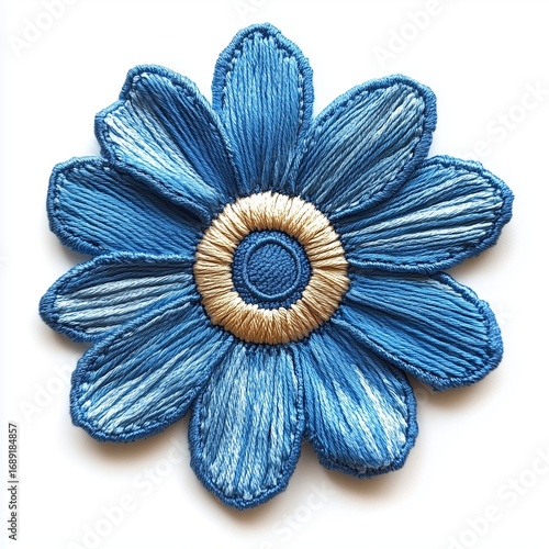 Blue daisy flower patch embroidery sewing cloth, isolated white