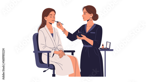 Professional makeup artist applying cosmetics to a client in a salon setting with tools and products