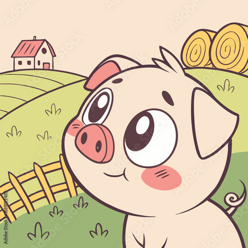 Adorable cartoon piglet with big eyes on a farm with a house and hay bales