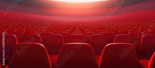 A Sea of Red: Endless Empty Seats in a Vast Stadium Bathed in Ethereal Light