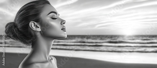 Monochrome Serenity: Woman's Profile with Closed Eyes on a Tranquil Beach, Embracing Nature's Peace