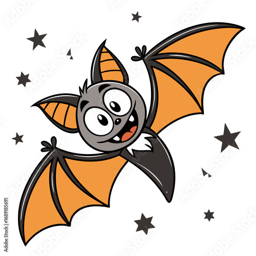 Cute cartoon bat with big eyes and orange wings flying happily among stars