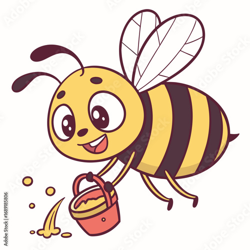 Cute cartoon bee flying with a bucket of honey and dripping nectar