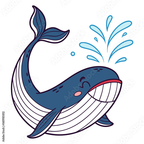 Cute cartoon blue whale with a big smile spouting water joyfully in the ocean