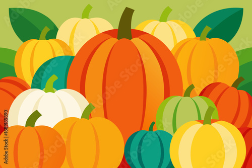 A colorful assortment of flat design pumpkins and gourds
