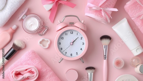 Pink spa accessories and a clock, flat lay