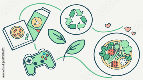 Illustration showing a game console, juice box, recycle symbol, leaves and a salad plate