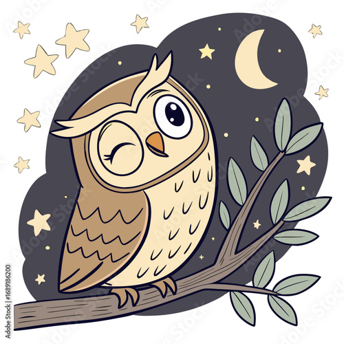 Cute cartoon owl winking while sitting on a branch under a starry night sky with a crescent moon