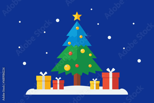 Festive christmas tree with gifts and snowfall on a blue background