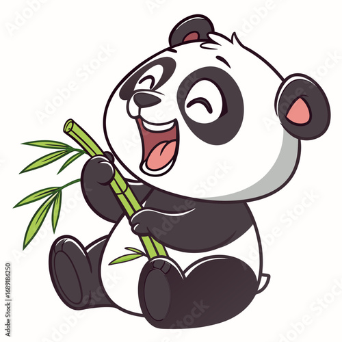 Cute cartoon panda bear sitting and happily eating a stalk of green bamboo