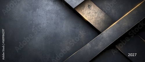 Abstract Dark Metallic Background with Glowing Gold Lines and Geometric Planes, Textured Charcoal Surface for Modern Design and Event Branding