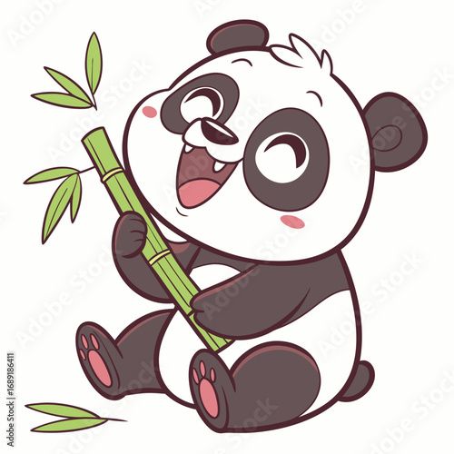Cute happy cartoon panda bear sitting and eating bamboo with a joyful expression