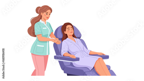 Caring nurse attends to patient relaxing in a comfortable medical treatment chair