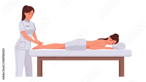 Professional masseuse administering a relaxing leg and foot massage to a client on a spa table