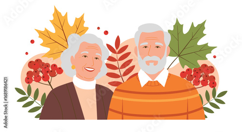 Joyful elderly couple embraces autumn's beauty with vibrant fall foliage and berries