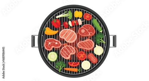 Sizzling steaks and vibrant veggies cooking on a hot grill, perfect for summer celebrations